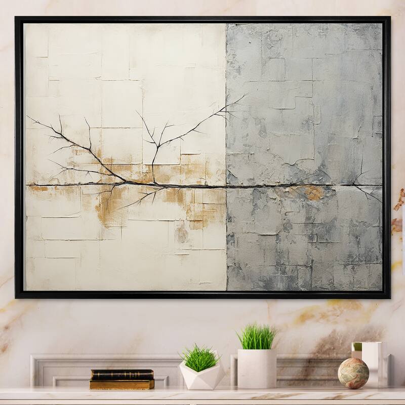 Designart "Grey And White Nature Split" Abstract Shapes Framed Wall Art Prints - 32 in. wide x 16 in. high - Black