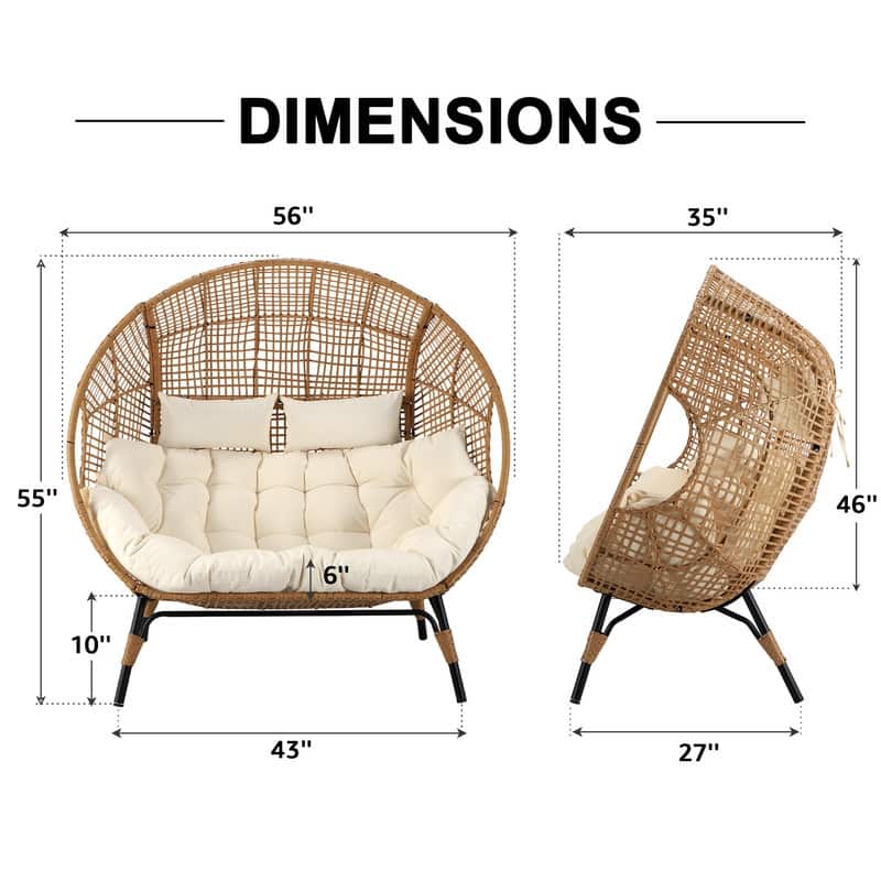 2-Person Papasan-Style Oversized Wicker Egg Lounge Chair with Cushions, Indoor/Outdoor