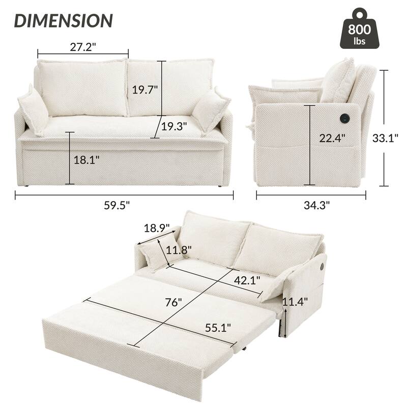 59.5" Upholstered Sofa Bed, Convertible Sleeper Sofa, Pull out Couch with Charging Station & Side Pockets, Loveseat Chair