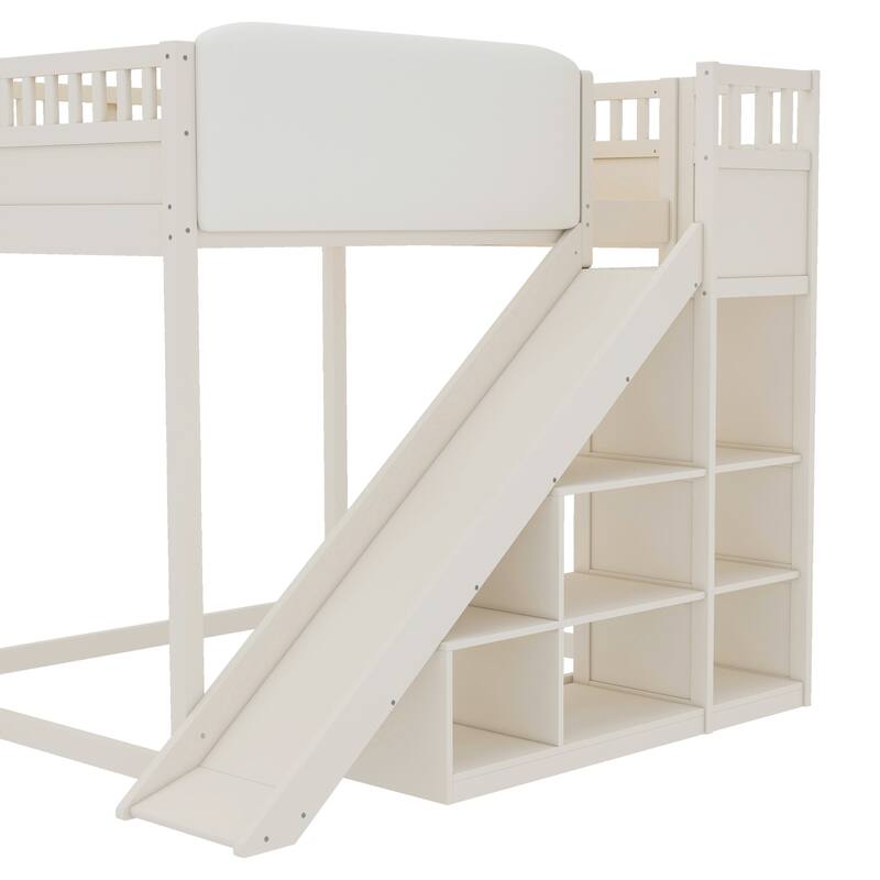 Full Size Loft Bed with Upholstered Headboard and Storage shelves, Complete with Ladder and Slide