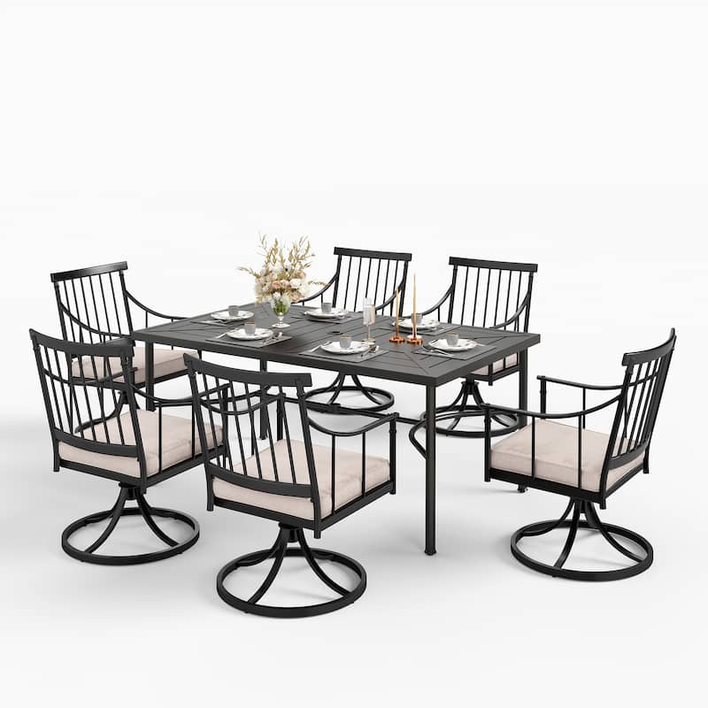 MAISON ARTS 7-Piece Outdoor Dining Set for 6, Metal Steel Dining Table with Umbrella Hole