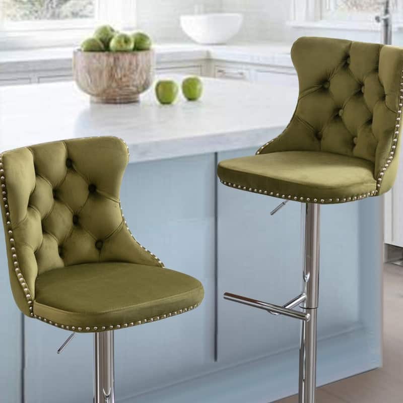 Velvet Upholstered Nailheads Tufted Swivel Bar Stools (Set of 6)