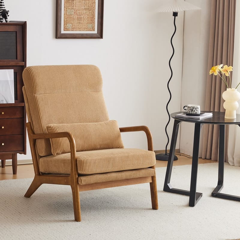High Back Solid Wood Armrest Backrest Leisure Chair Accent Chair - Khaki-Corduroy