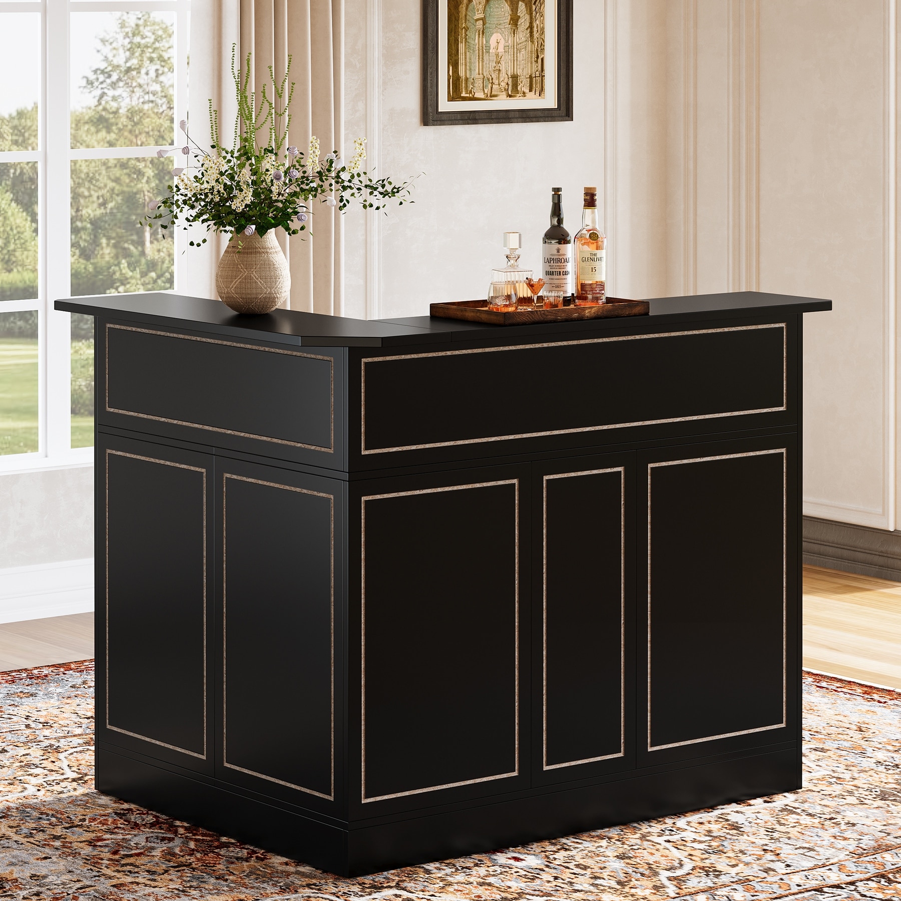 Black 4-Tier Bar Cabinet, L-Shaped Home Bar Table, Bar Unit with Stemware Racks