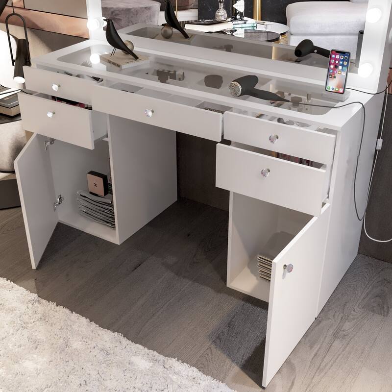 Hollywood Large Makeup Vanity Desk with 12 Light Bulbs; Modern Dressing Table with Multiple Storage Drawers & Crystal Knobs
