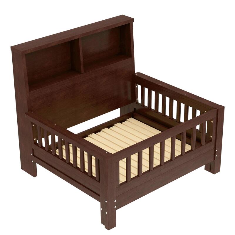 Pull Out Twin Size Platform Bed Converted into Baby Crib and Sofa with Storage Headboard and Removable Footboard