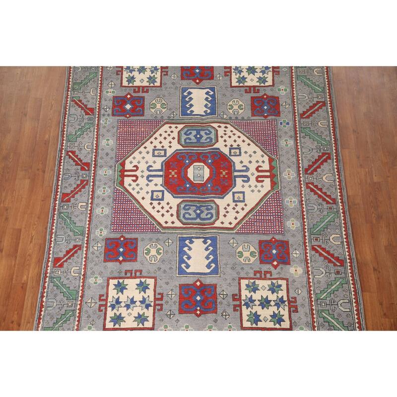 Geometric Kazak Area Rug Handmade Wool Carpet - 5'11" x 8'10"
