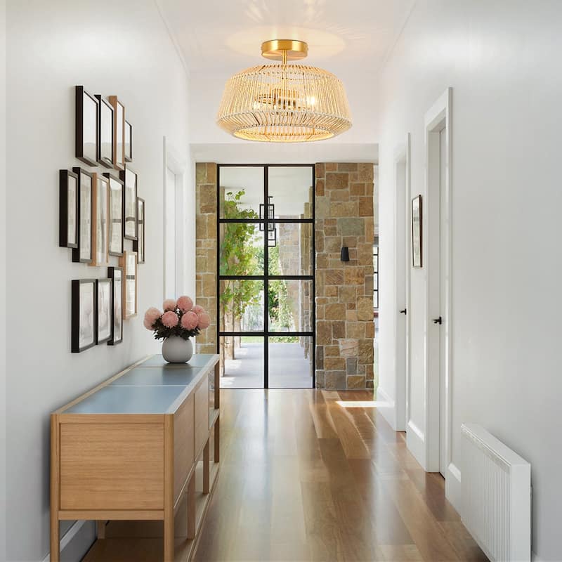 2-Light Rattan Semi-Flush Mount Ceiling Light - 14 in W