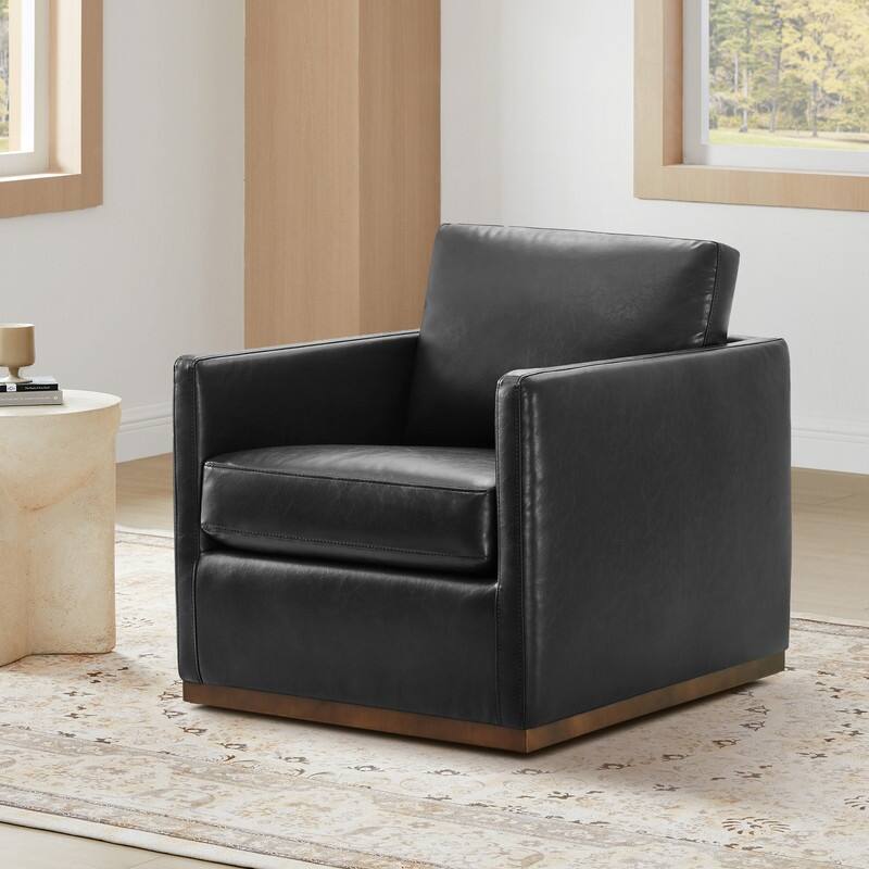 Spruce & Spring Modern Swivel Accent Chair with Wooden Base - Single - Black-Faux Leather