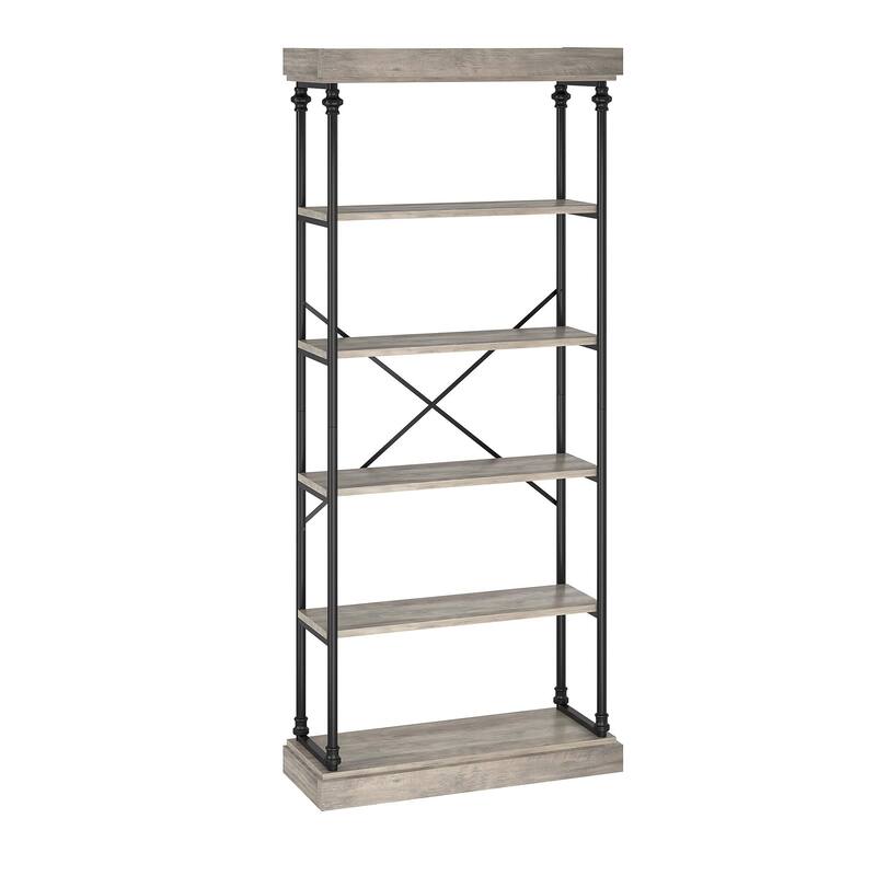 Bookshelf Industrial Bookcase Wooden Storage Open Rack Shelf with Metal Frame - Grey