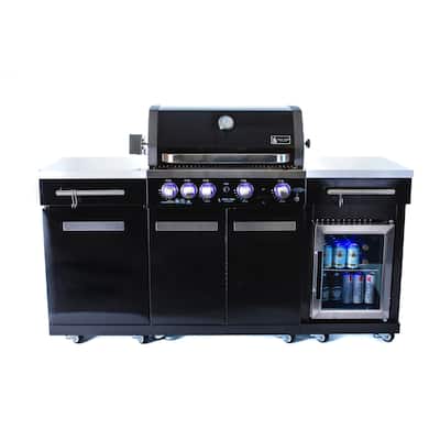 Mont Alpi MA-957FC 5-Burner 32-inch 63000 BTU Black Stainless Steel Compact Outdoor Kitchen Island Gas Grill + Fridge Cabinet