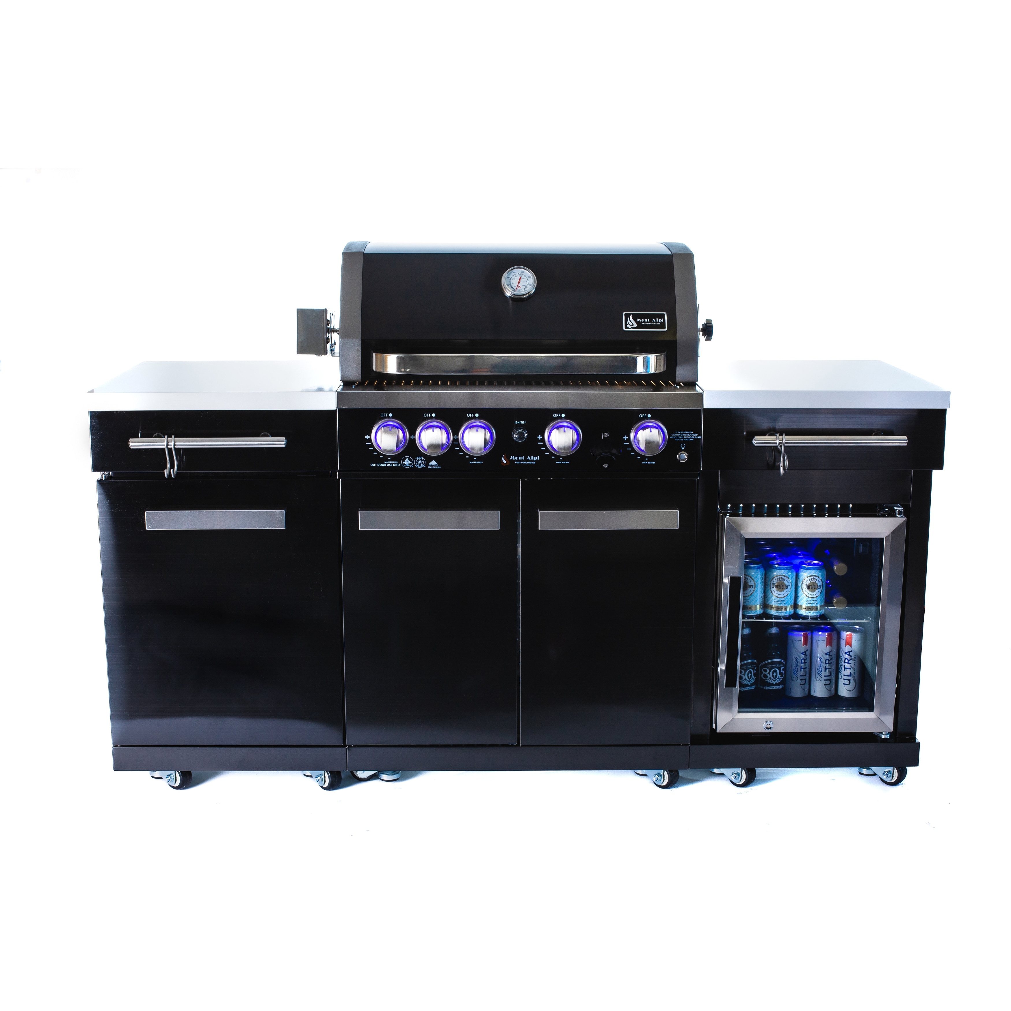Mont Alpi Premium 70" Black Stainless Steel Outdoor Kitchen Island with Refrigerator + 32"W 4-Burner BBQ Grill with Rear Burner
