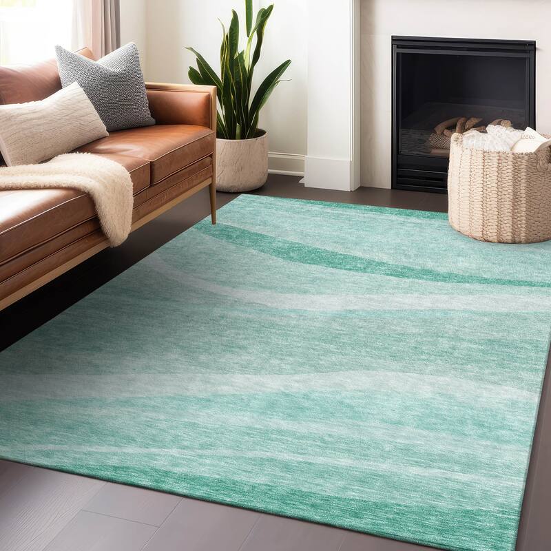 Machine Washable Indoor/ Outdoor Contemporary Deco Chantille Rug - Aqua - 5' x 7'6"