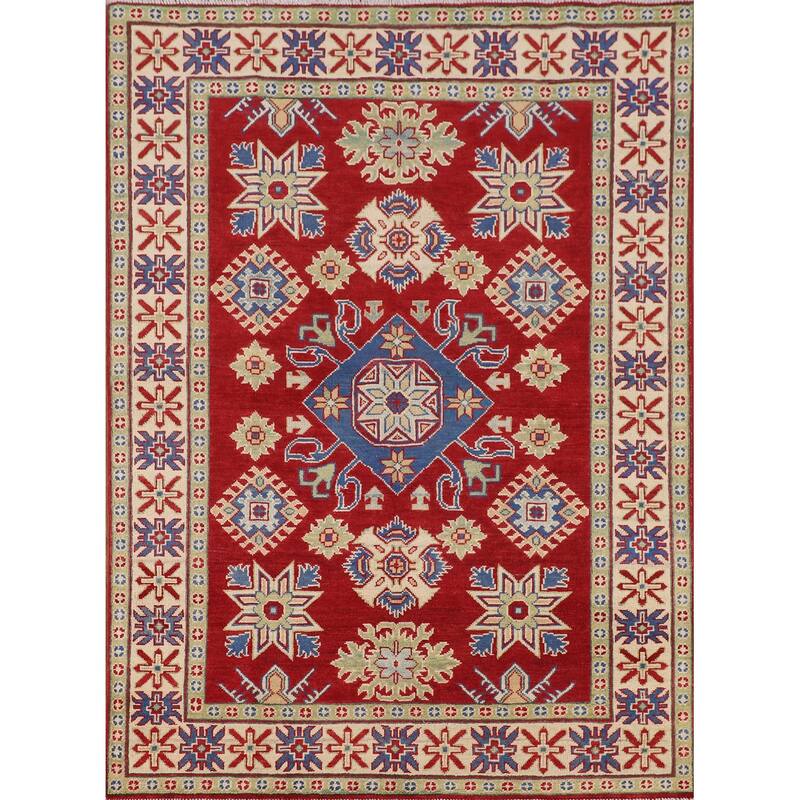 Red Geometric Kazak Oriental Area Rug Handmade Traditional Wool Carpet - 4'11" x 6'6"