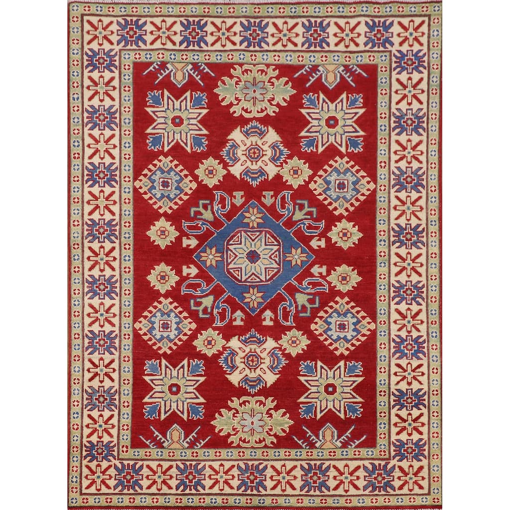 Red Geometric Kazak Oriental Area Rug Handmade Traditional Wool Carpet - 4'11" x 6'6"