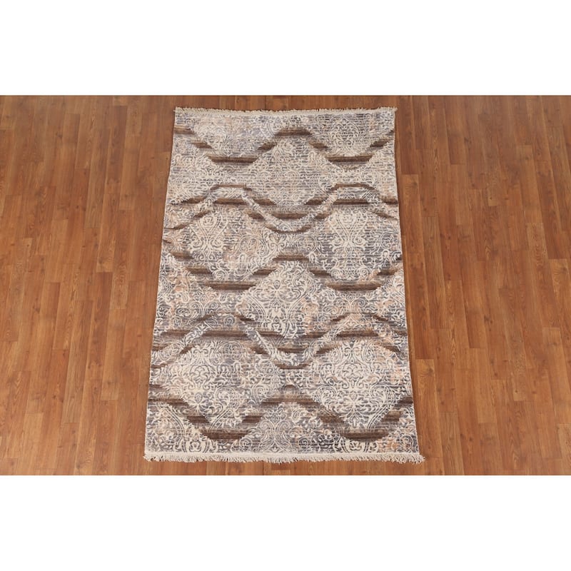 Beige Striped / Abstract Indian Area Rug Handmade Wool Carpet - 3'10"x 6'0"