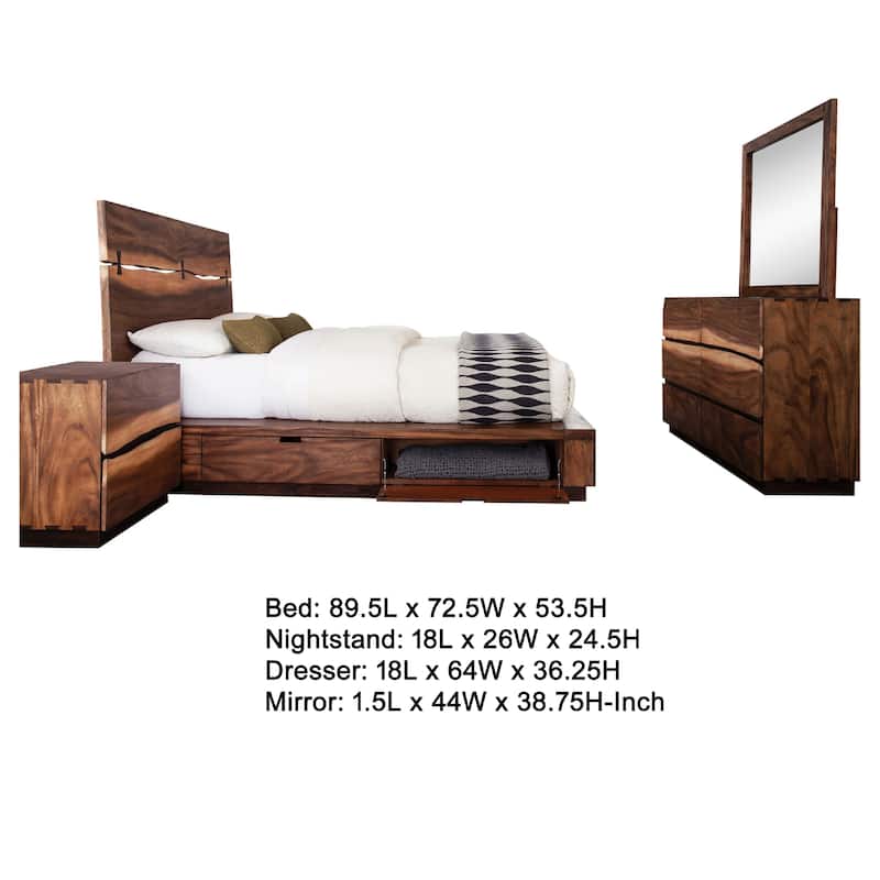 Zeko 4pc Queen Bedroom Set with Storage, Live Edge Smoky Walnut Brown