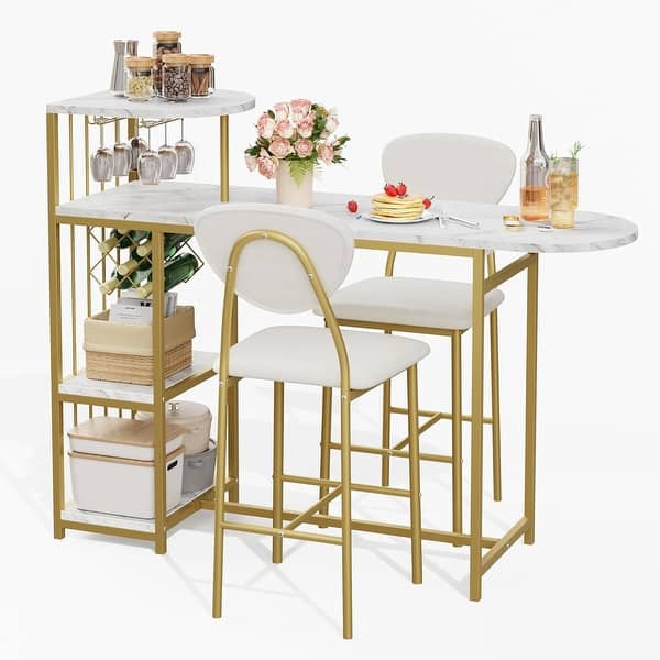 slide 2 of 8, Compact 3-Piece Dining Set for 2, Bar Table with Wine Rack & Storage for Small Kitchens White