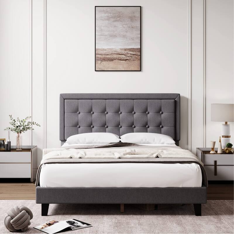 Modern Upholstered Platform Bed with Button Tufted Headboard