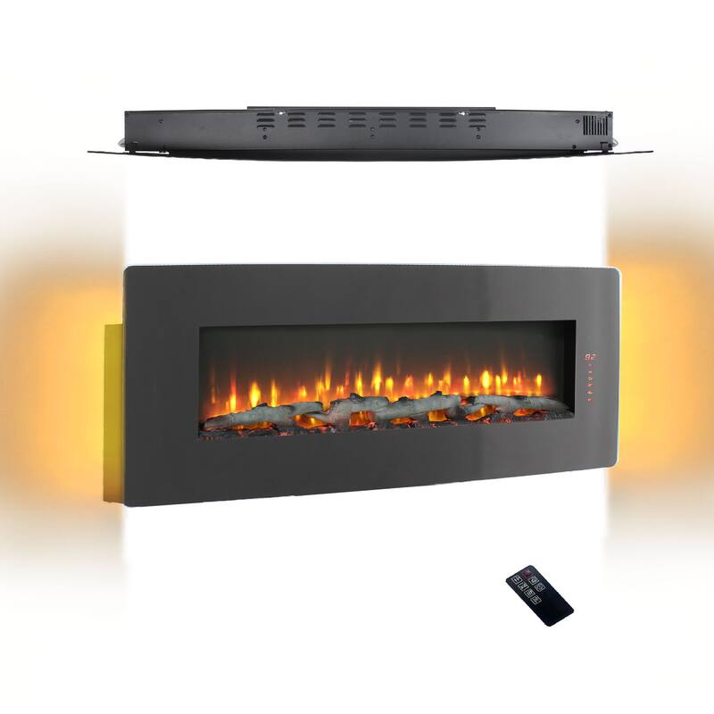 48" Curved Electric Fireplace Wall Mounted or Tabletop, Remote, Multi-Color Flames, Adjustable Heat and Backlight