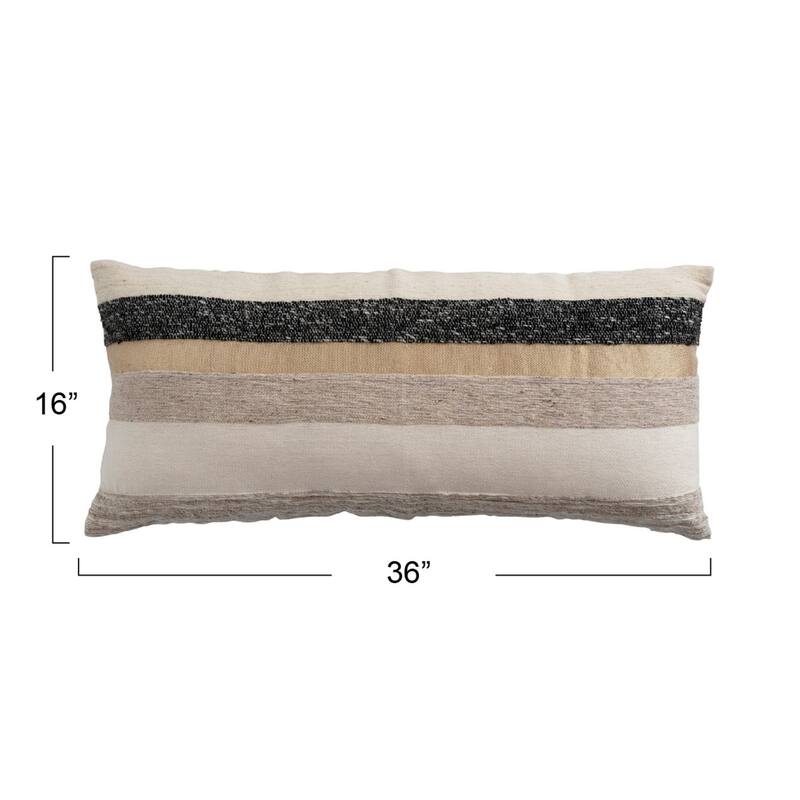 Woven Wool Blend Lumbar Pillow with Gold Metallic Thread and Stripes