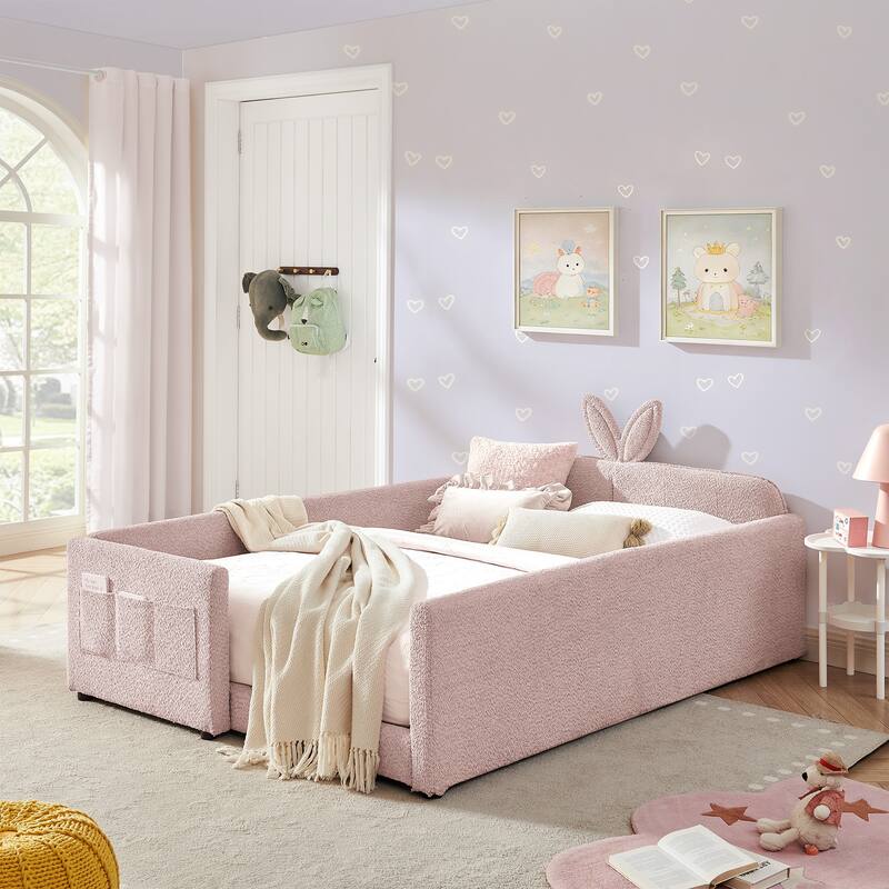 Full Size Upholstered Platform Bed with Bunny Ear Headboard, Safety Rail & Pocket