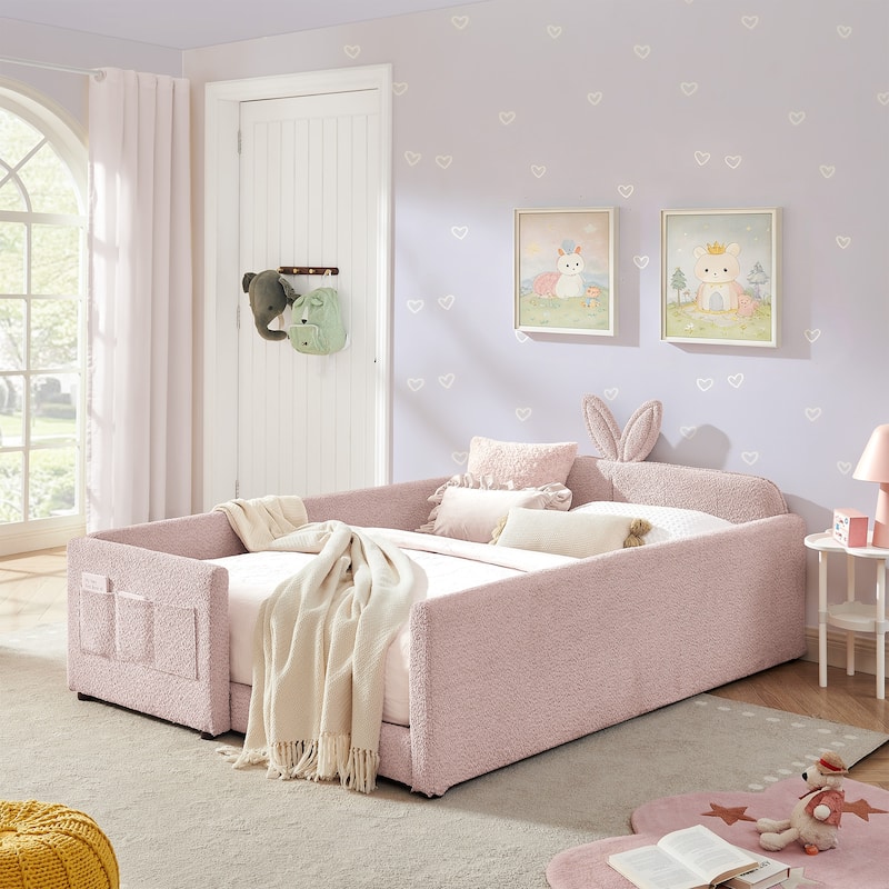 Upholstered Platform Bed with Safety Rail Pocket and RabbitEar Platform Bed w/Skin-friendly Boucle Wood Slat Support Bed Frame