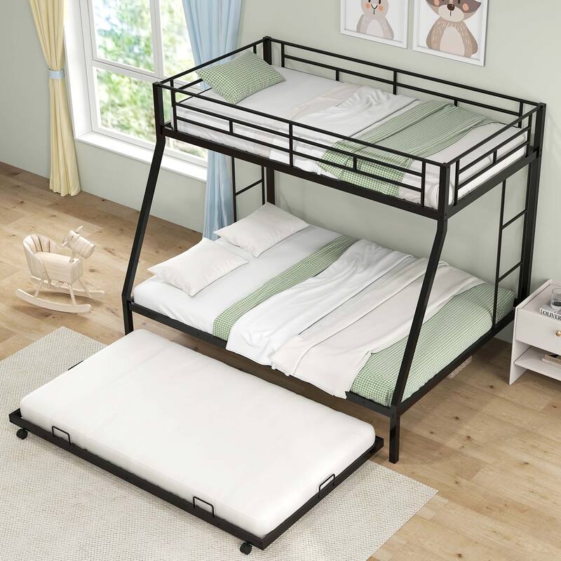 Costway Twin Over Full Metal Slats Bunk Bed Frame with Trundle, Guard