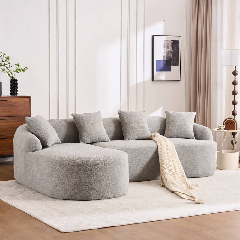 L-Shaped Sectional Sofa with Curved Chaise, Chenille Boneless Cloud Sofa, Modular 4-Seater Sofa with 4 Throw Pillows