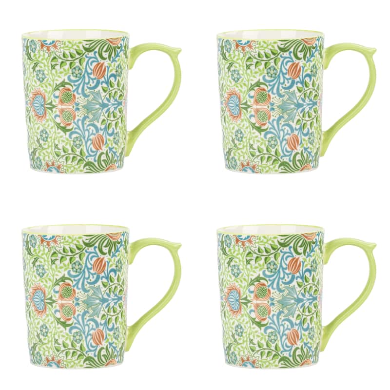 10 Strawberry Street Sylvie Flora Mugs, Set of 4 - Green Jacobean