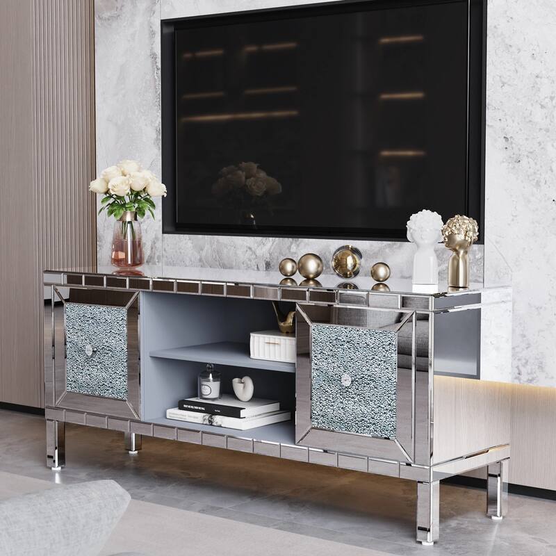 GDFStudio - Crystaluxe Modern Mirrored Media Entertainment Center with Crushed Diamond Glass Doors for 65-Inch TVs
