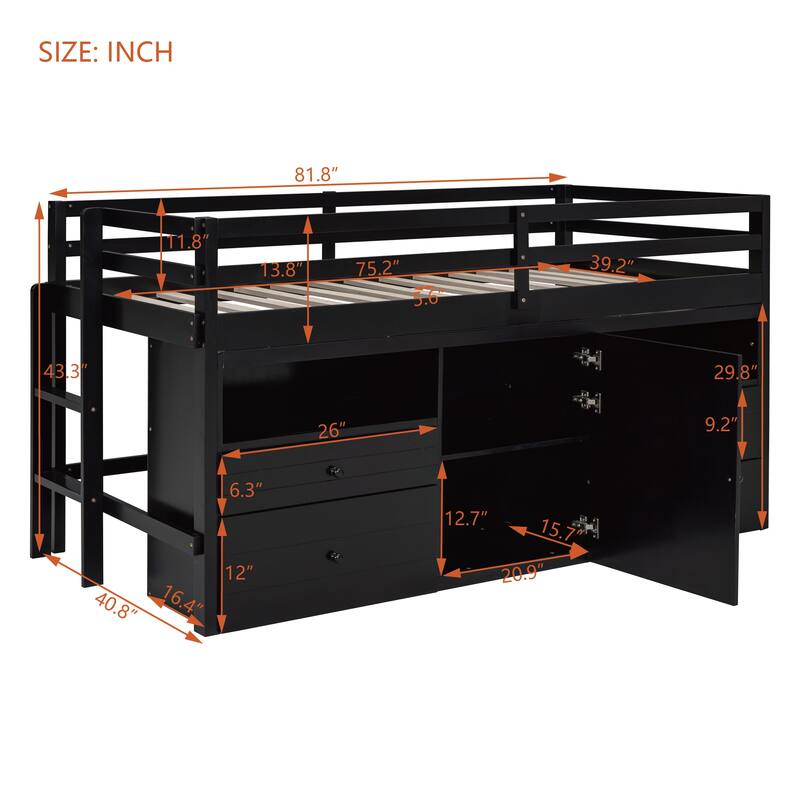 Espresso Twin Size Solid Wood Loft Bed with Drawers and Cabinet