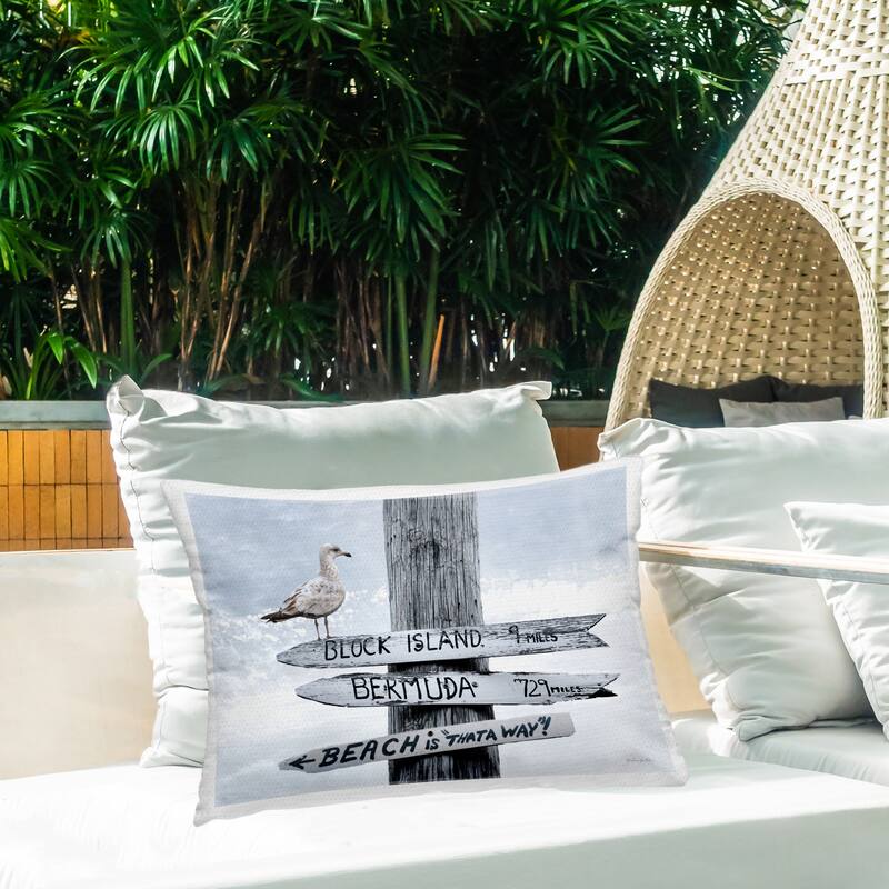 Stupell Vacation Beach Signs with Seagull Printed Outdoor Throw Pillow Design by Robin-Lee Viera
