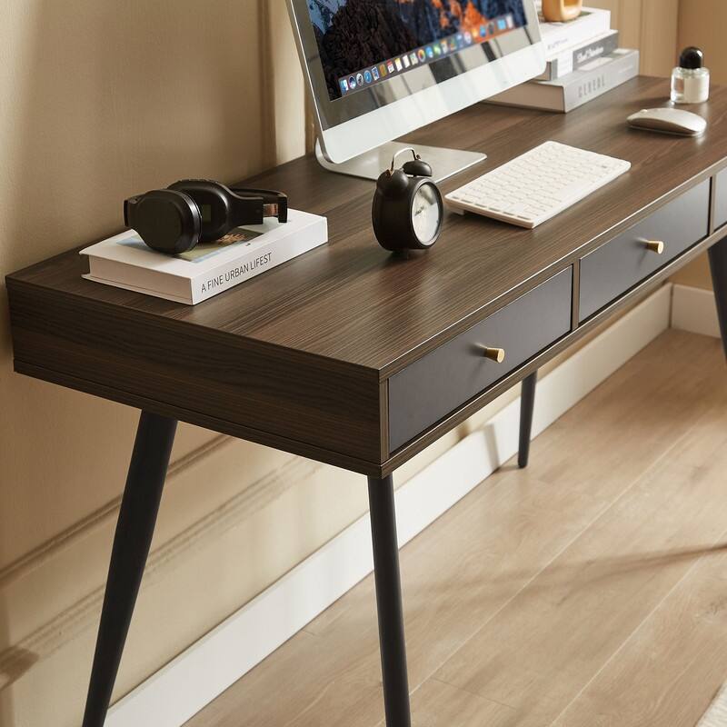 Mid-Century Modern Office Desk with Built-In Charging Station & Storage Drawers