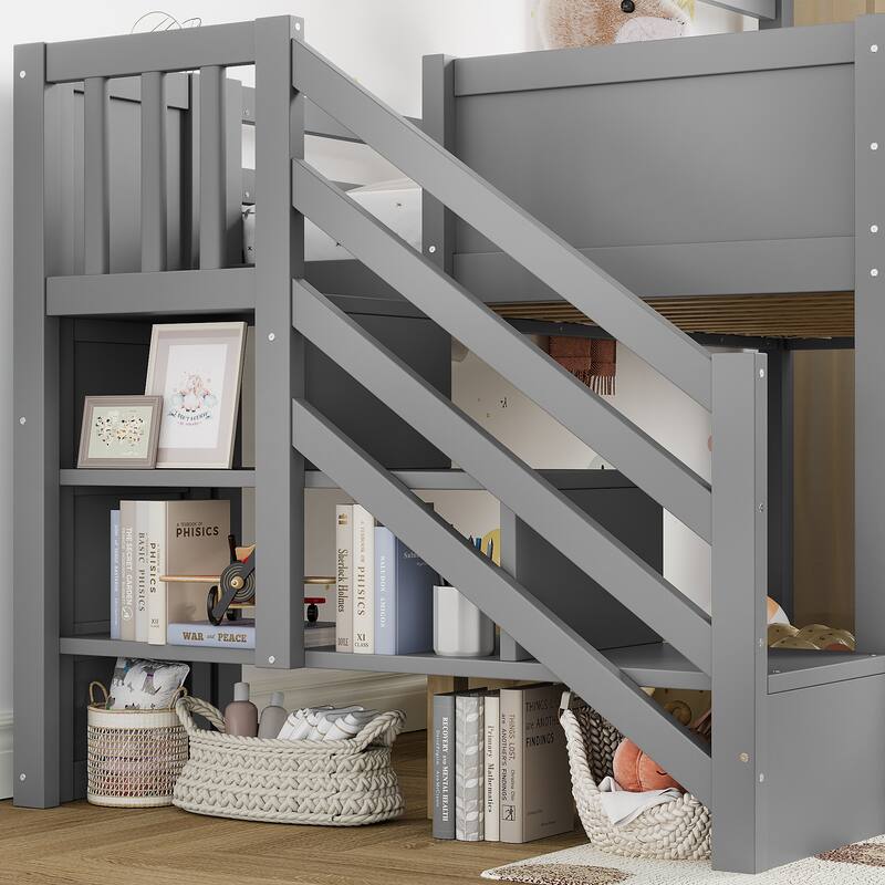 Twin Loft Bed with Storage Cabinets and Removable Desk, Kids House Loft Bed with Slide and Stairs, Childlike