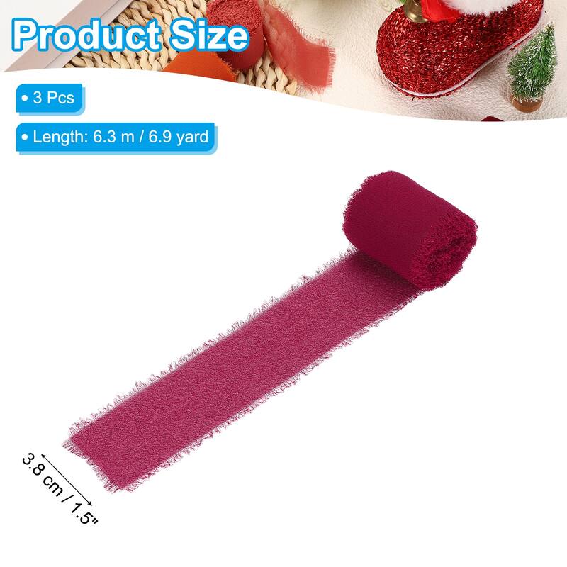 3 Roll 1.5"x7 Yd Handmade Fringe Chiffon Ribbon Frayed Silk Ribbon - 1.5"x7 Yd - Burgundy
