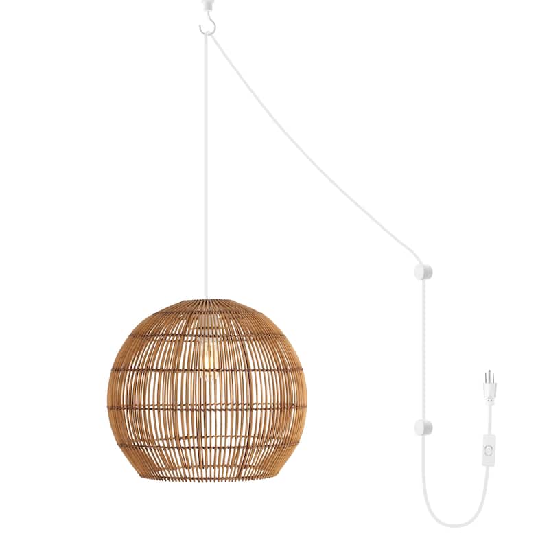 Lucas 1-Light Farmhouse Coastal 180" Cord Plug-In or Hardwired LED Pendant, by JONATHAN Y - 19" - Brown