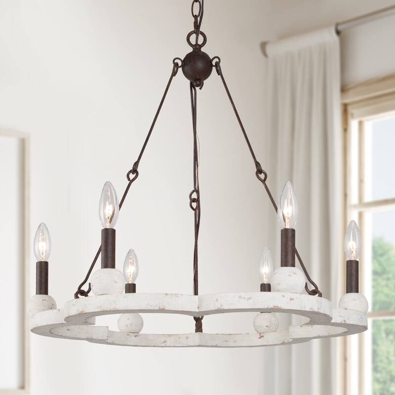 Loby 6-Light Rustic Wagon Wheel Wood Chandelier Dimmable Lighting, Adjustable Farmhouse Pendant Light for Kitchen Island