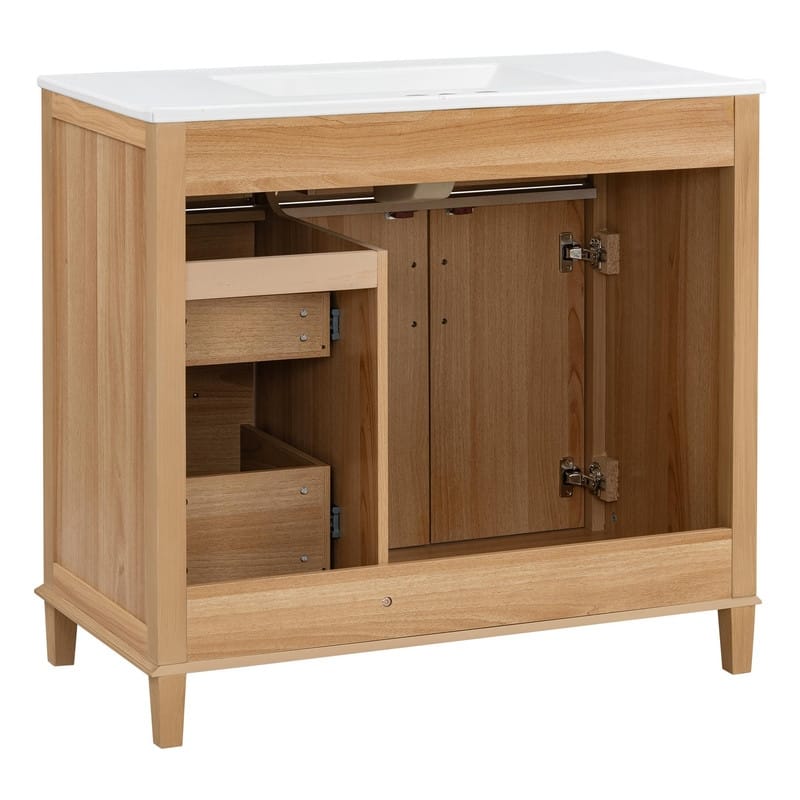 36 Inch Bathroom Vanity with Ceramic Sink, Modern Wood Grain Cabinet with Solid Rubberwood Legs, Soft-Close Doors & 4 Drawers