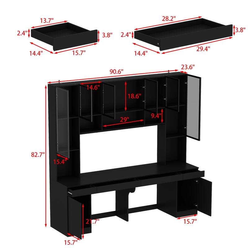 90.6"Illuminated Glass Workstation Productive Workspace Bookshelf Desk