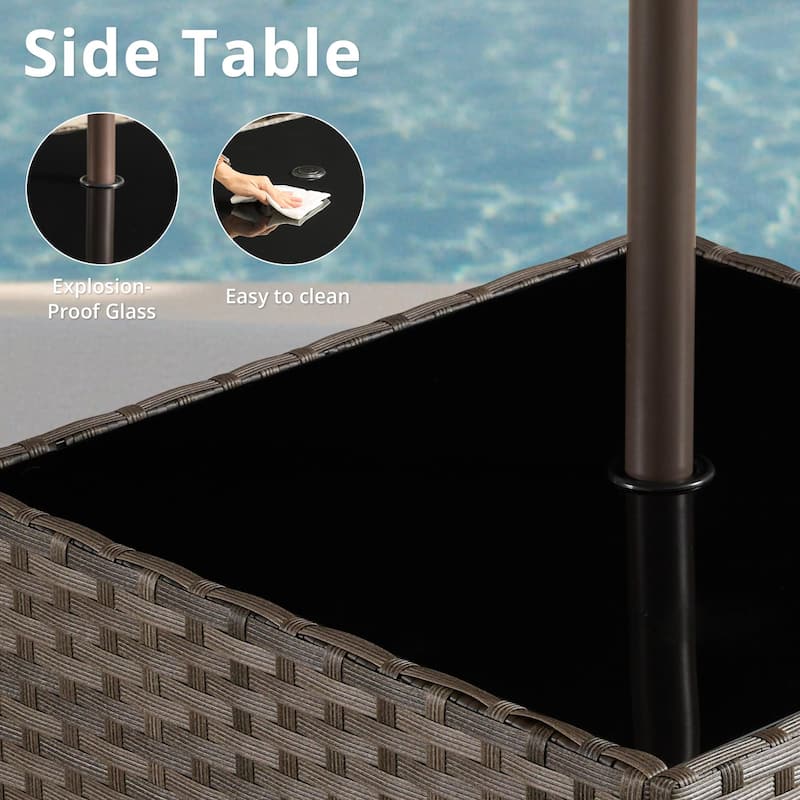 HOOOWOOO Wicker Rattan Patio Square Coffee Table with Umbrella Hole