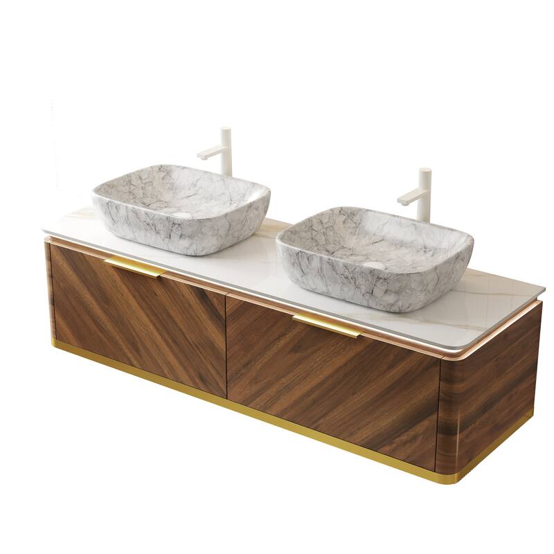 GDFStudio - Dipa 60" Bathroom Vanity with 2 Marble Vessel Basins, Sintered Stone Countertop & Sensor Light, WITHOUT Faucet