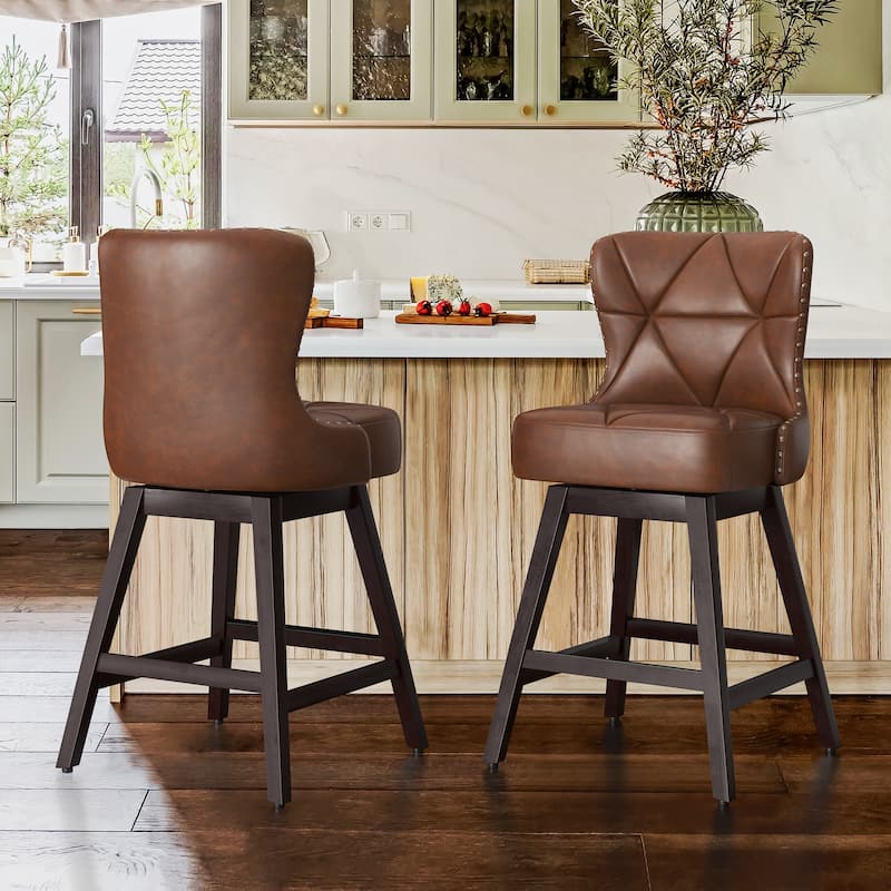 26 in. Mid-Century Modern Counter Stools Wood Frame Swivel Bar Stools with Faux Leather/Fabric Upholstered Seat