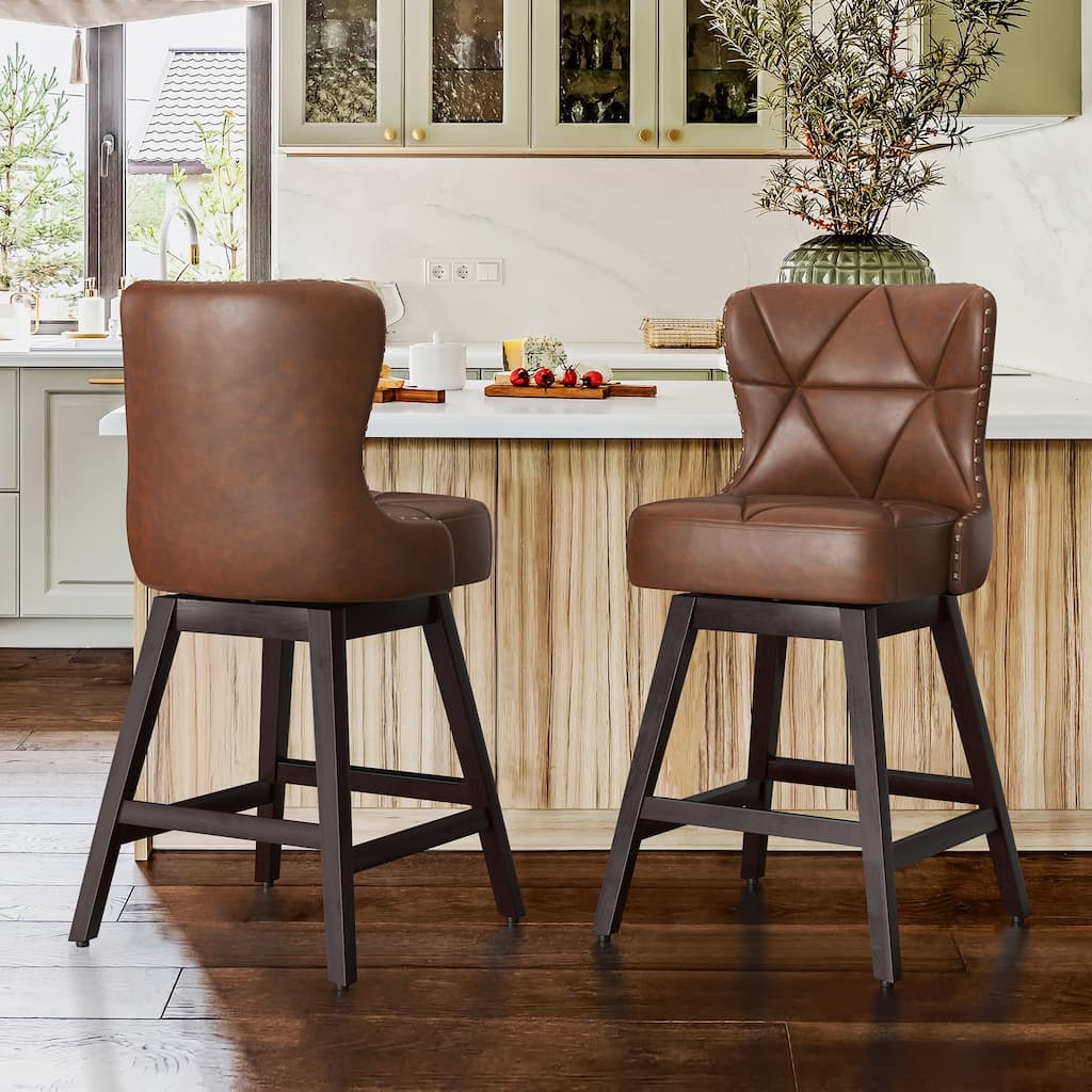 26 in. Mid-Century Modern Faux Leather ans Linen Upholstered Swivel Bar Stools with Wood Frame(Set of 2) - 20"W x 20"D x 39"H