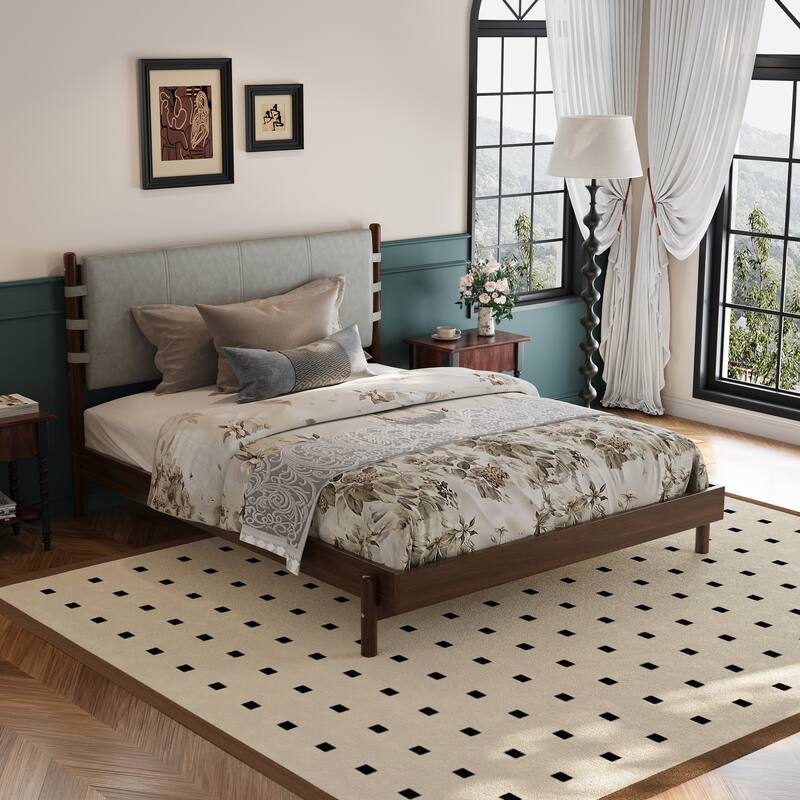 Low-Profile Platform Bed Frame with Upholstered Panel Headboard Wood Slat Supports and Center Support Legs for Bedroom Apartment