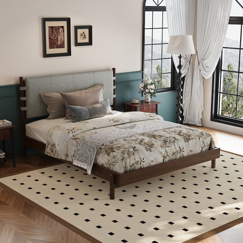 Low-profile Platform Bed Frame with Upholstered Panel Headboard and Wood Slat Supports, Optional with 2 Storage Nightstands