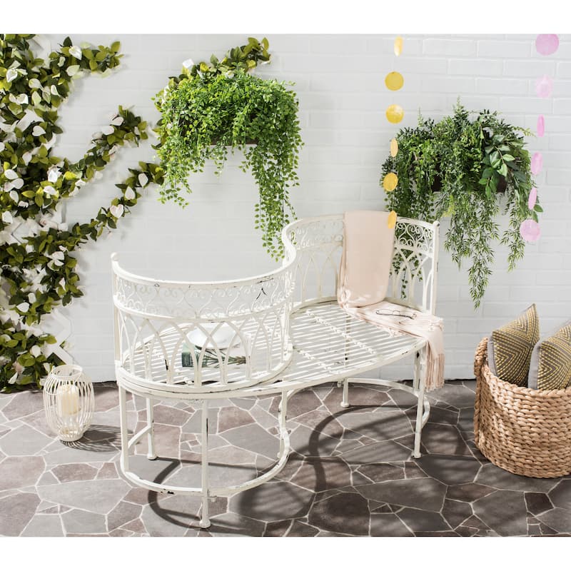 SAFAVIEH Outdoor Citlalli Victorian Scroll Iron Kissing Bench - 44Wx24Dx31H - White