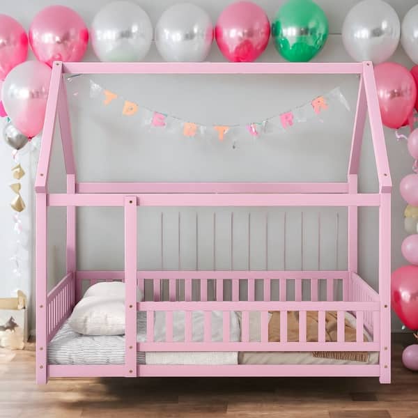 slide 2 of 13, Kids and Baby Full Size Wooden Bed House Bed with House Roof ,Fence Guardrails Pink