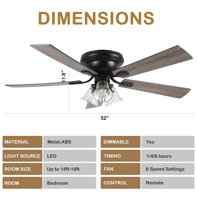 Bella Depot 52" Flush Mount Ceiling Fan with Light and Remote 6-Speed Reversible DC Motor