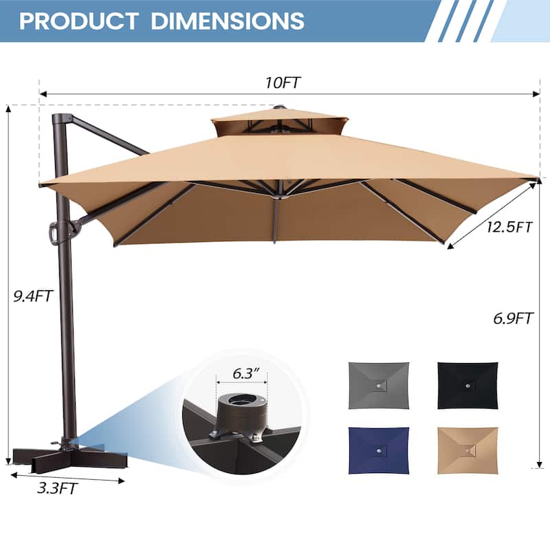 Outdoor 10X12.5 FT Dual Top Patio Offset Umbrella 360 degrees Rotation